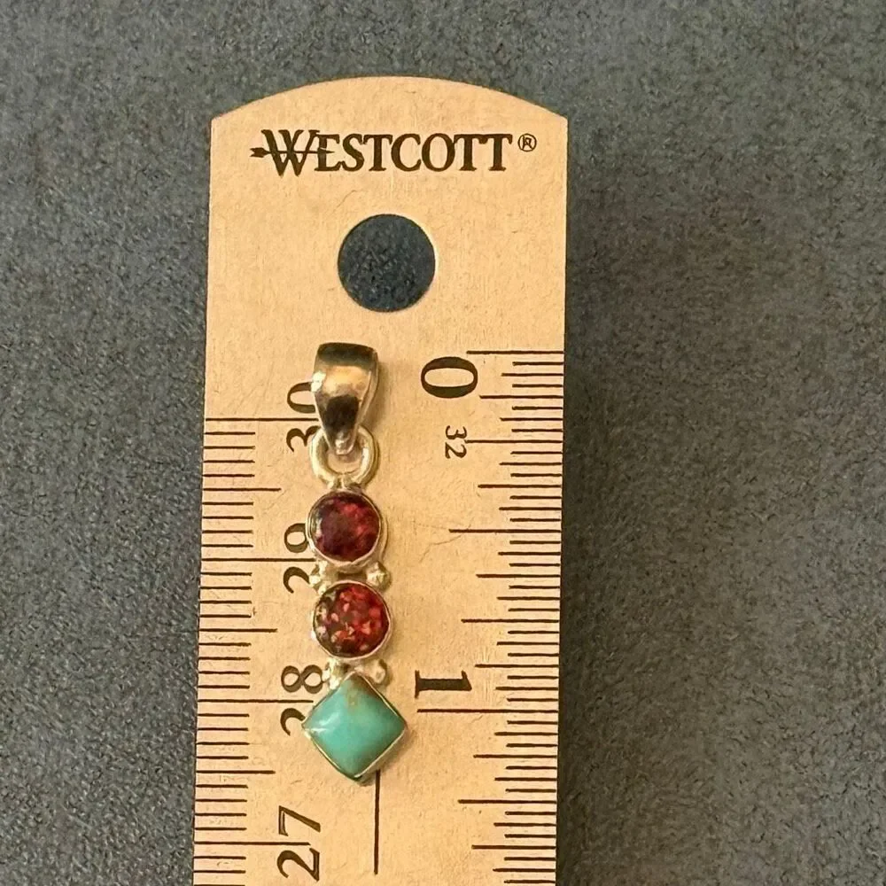 Southwestern Turquoise & Fire Opal Pendant Necklace Sterling Silver 18